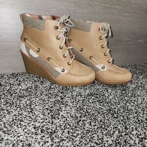 Sperry Top-Sider Wedge Ankle Boots Baily Tan Lace Up Plaid Womens 7.5,Preppy
